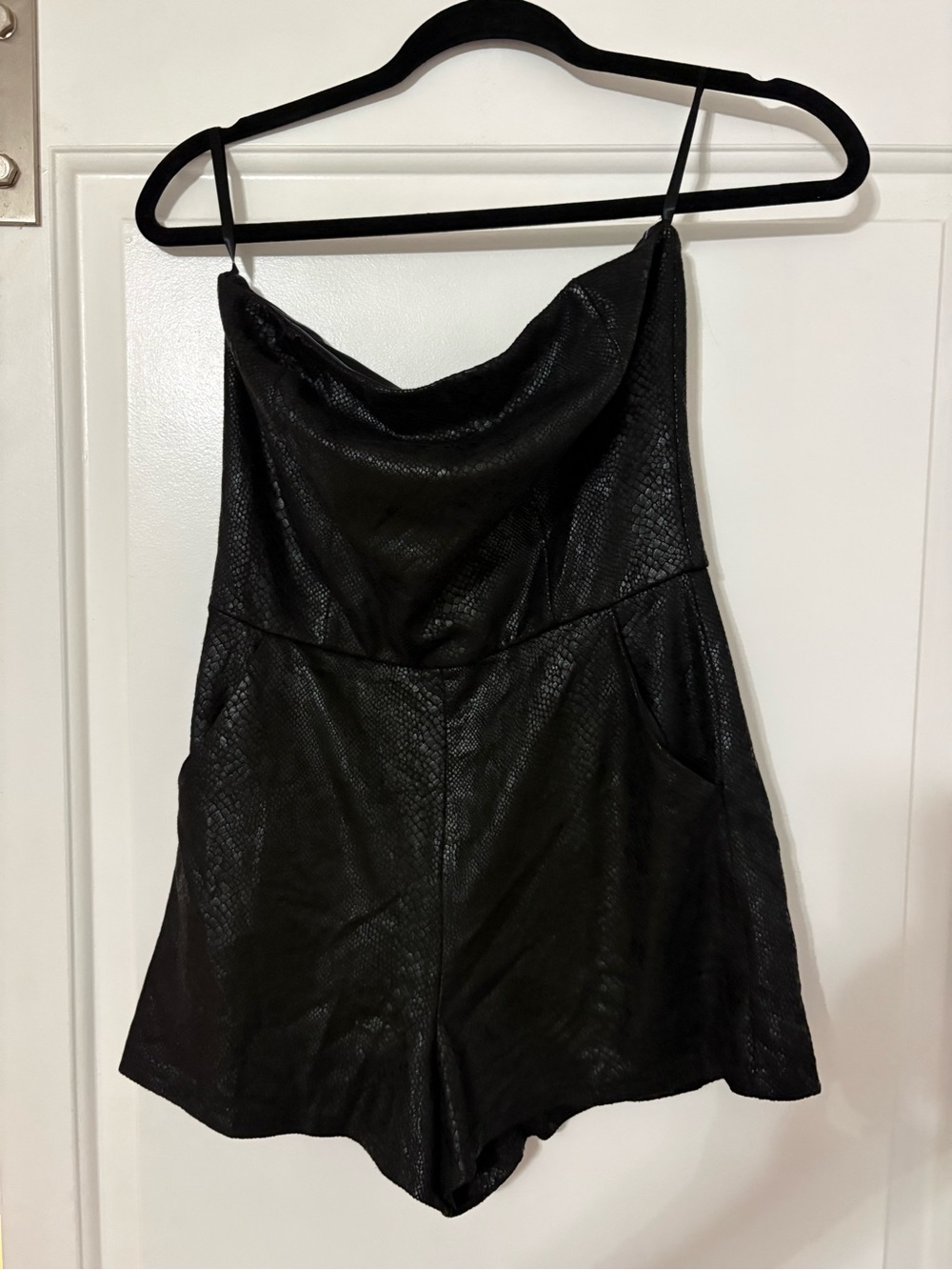 She + Sky Black Faux Snakeskin Cowl Neck Camisole Romper
